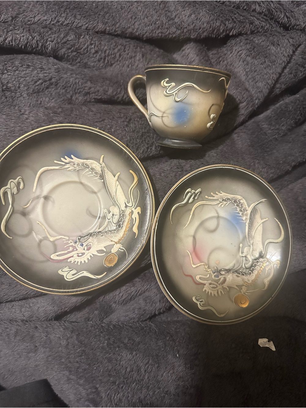 Decorative Dragon Ceramic Cup and Saucer Set - Gray with Gold Accents has flaws